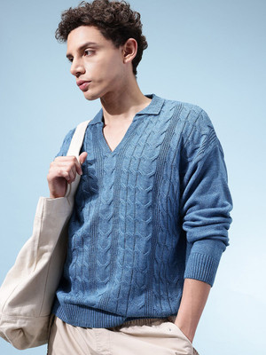 Glitchez Colorblock Collared Neck Casual Men Blue Sweater
