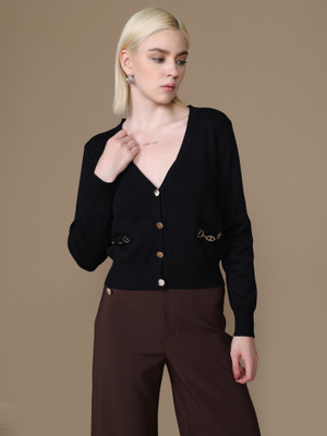 KAZO Self Design V Neck Party Women Black Sweater