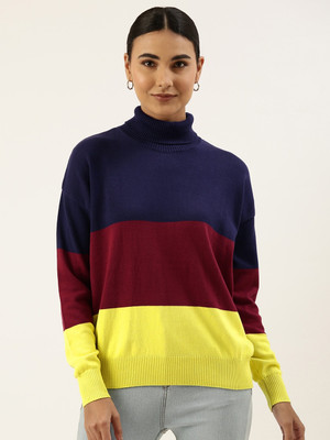 FOREVER 21 Colorblock Turtle Neck Casual Women Dark Blue Sweater