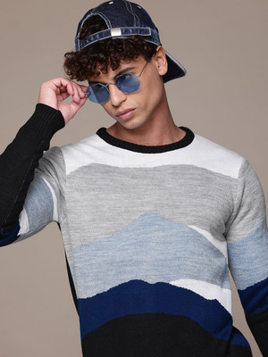 Roadster Self Design Round Neck Casual Men Black Sweater