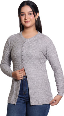 Varenyam Self Design Ruffle Neck Lounge Wear Women Grey Sweater