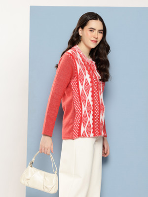 MUHURATAM Printed Round Neck Casual Women Red Sweater