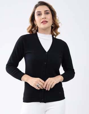 MONTE CARLO Solid V Neck Casual Women Black Sweater