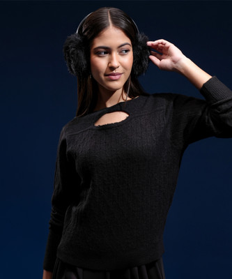 Tokyo Talkies Solid Boat Neck Casual Women Black Sweater