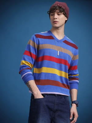 Roadster Striped V Neck Casual Men Multicolor Sweater