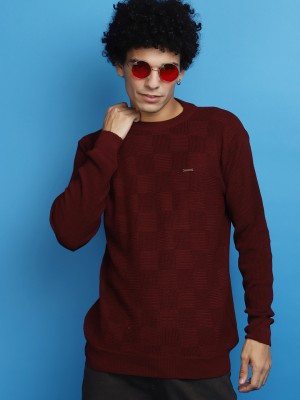 V-MART Self Design Round Neck Casual Men Maroon, Maroon Sweater