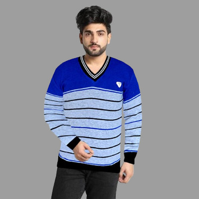 Sanzzy Solid V Neck Casual Men Light Blue, White Sweater