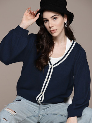 Roadster Solid V Neck Casual Women Blue Sweater