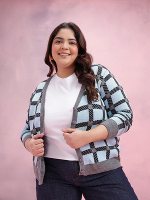 DressBerry Curve Checkered V Neck Casual Women Blue, Grey Sweater