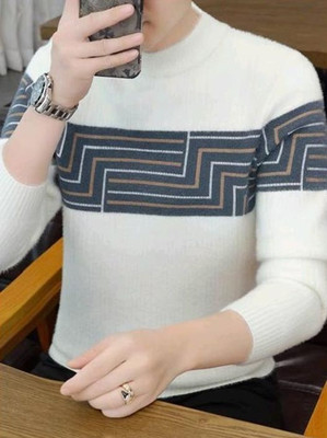 FitIn OutFit Self Design Round Neck Casual Men White Sweater