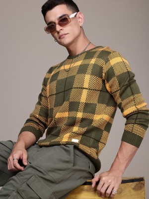 Roadster Checkered Round Neck Casual Men Green Sweater