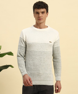 CANBLAR Striped Round Neck Casual Men Green, White Sweater
