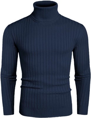 Denimholic Self Design Turtle Neck Casual Men Dark Blue Sweater