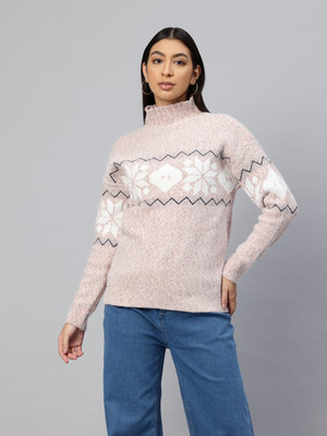 PIERRE CARLO Geometric Print Turtle Neck Casual Women Pink Sweater