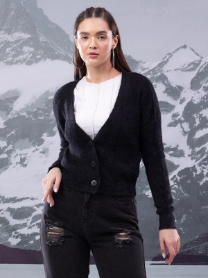 KOTTY Solid V Neck Casual Women Black Sweater