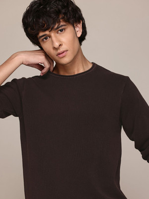 Roadster Solid Round Neck Casual Men Brown Sweater