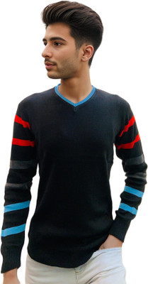 FORWARDS Solid V Neck Casual Men Black Sweater