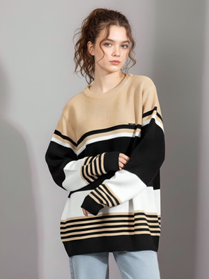 Hey Dude Striped Round Neck Casual Women Beige Sweater