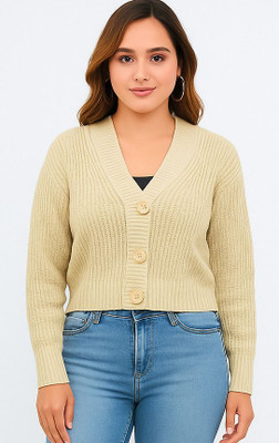 HouseOfCommon Self Design V Neck Party Women Beige Sweater