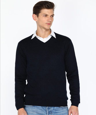 PARK AVENUE Striped V Neck Casual Men Blue Sweater