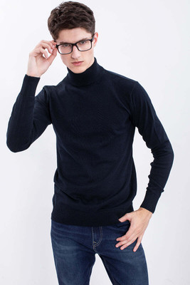 Snitch Solid Turtle Neck Casual Men Dark Blue Sweater