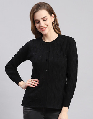 MONTE CARLO Self Design Round Neck Casual Women Black Sweater