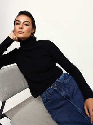 High Star Self Design Turtle Neck Casual Women Black Sweater