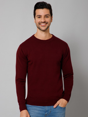 CANTABIL Solid Round Neck Casual Men Maroon Sweater