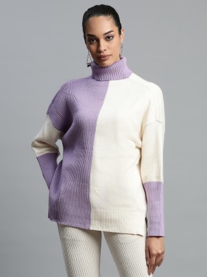 GLOBAL REPUBLIC Colorblock Turtle Neck Casual Women Purple, White Sweater