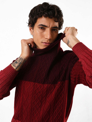 Dennis Lingo Colorblock Turtle Neck Casual Men Maroon Sweater