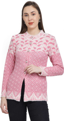 HITTIKA Self Design, Woven Round Neck Casual Women Pink Sweater
