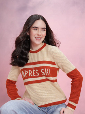 Dressberry Self Design, Printed Round Neck Casual Women Beige Sweater