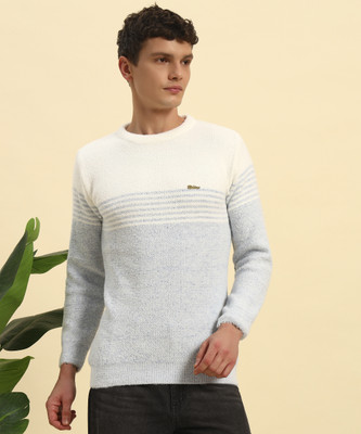 KILVESTED Striped, Self Design Round Neck Casual Men Blue Sweater