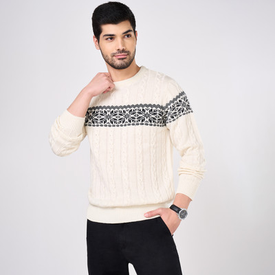 Byford by Pantaloons Self Design Round Neck Casual Men Beige, Black Sweater