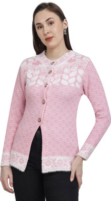 HITTIKA Self Design, Woven Round Neck Casual Women Pink Sweater