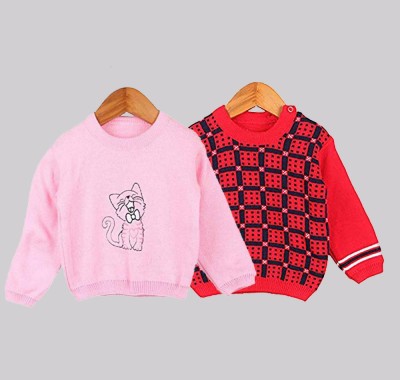Fame Hype Printed Round Neck Casual Baby Boys & Baby Girls Pink, Red Sweater