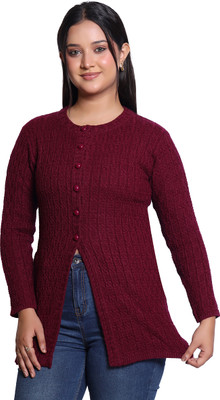 Varenyam Self Design Ruffle Neck Casual Women Purple Sweater