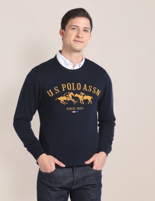 U.S. POLO ASSN. Self Design Round Neck Casual Men Dark Blue, Yellow Sweater