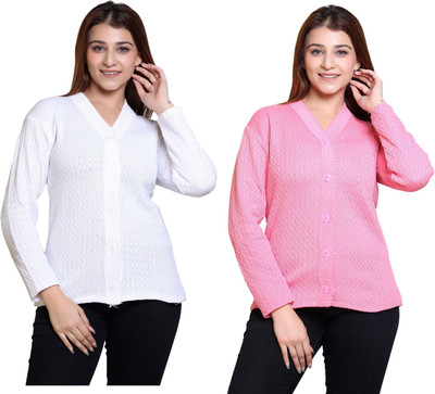 Japroz Solid V Neck Formal Women White, Pink Sweater