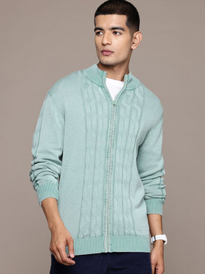 Roadster Self Design High Neck Casual Men Green Sweater