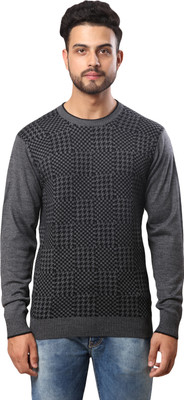 Raymond Self Design Round Neck Casual Men Grey Sweater