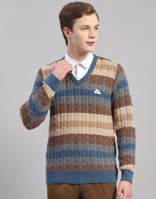MONTE CARLO Woven V Neck Casual Men Blue, Brown Sweater