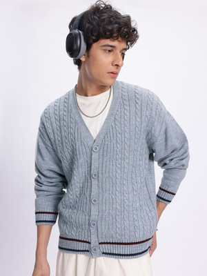 Glitchez Self Design V Neck Casual Men Grey Sweater