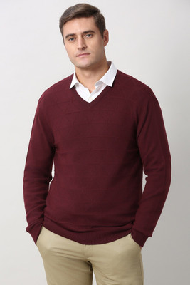 PETER ENGLAND Striped V Neck Casual Men Maroon Sweater