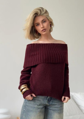 LULU & SKY Solid Off Shoulder Casual Women Maroon Sweater