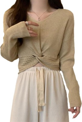 mystify Solid V Neck Casual Women Brown Sweater