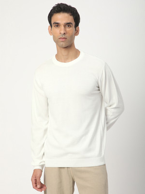 R&B Solid Round Neck Casual Men White Sweater