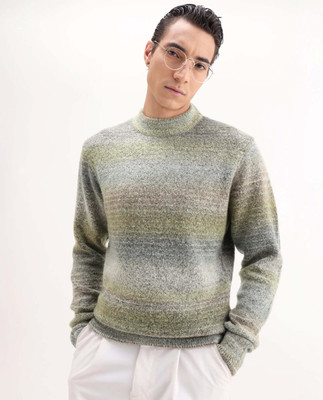 RARE RABBIT Woven Crew Neck Casual Men Green Sweater