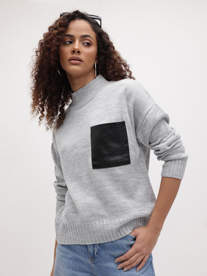 Roadster Solid Round Neck Casual Women Grey Sweater