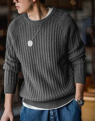 FREAKS Self Design Round Neck Casual Men Grey Sweater